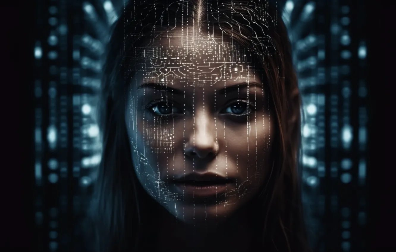 Photo wallpaper Girl, Look, Face, Digital art, AI art, The Art of Artificial Intelligence, Neural network