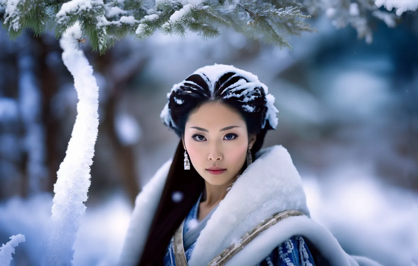 Photo wallpaper winter, forest, girl, snow, landscape, nature, Japan, fantasy
