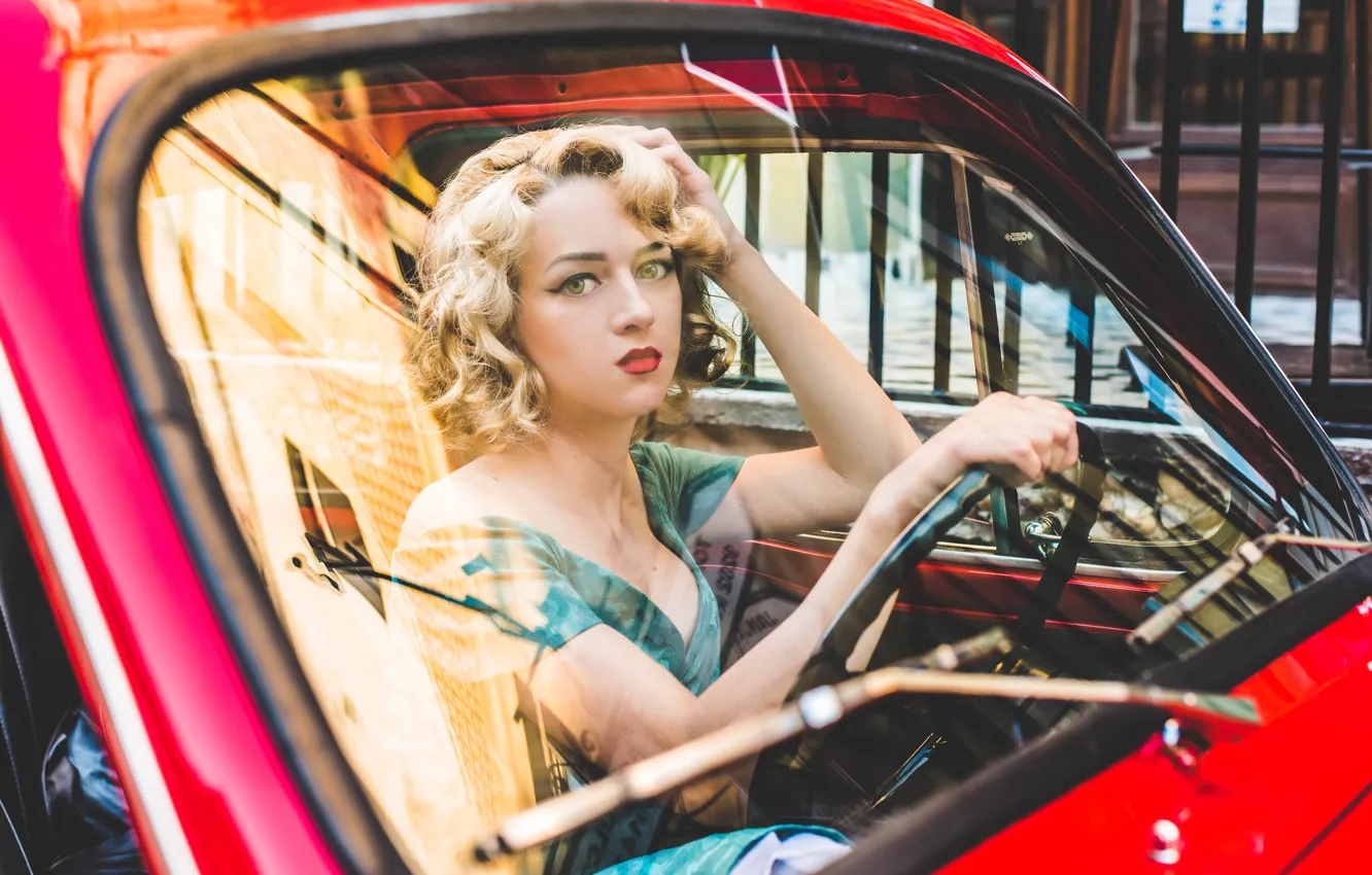 Photo wallpaper machine, auto, look, glass, girl, face, the wheel, blonde
