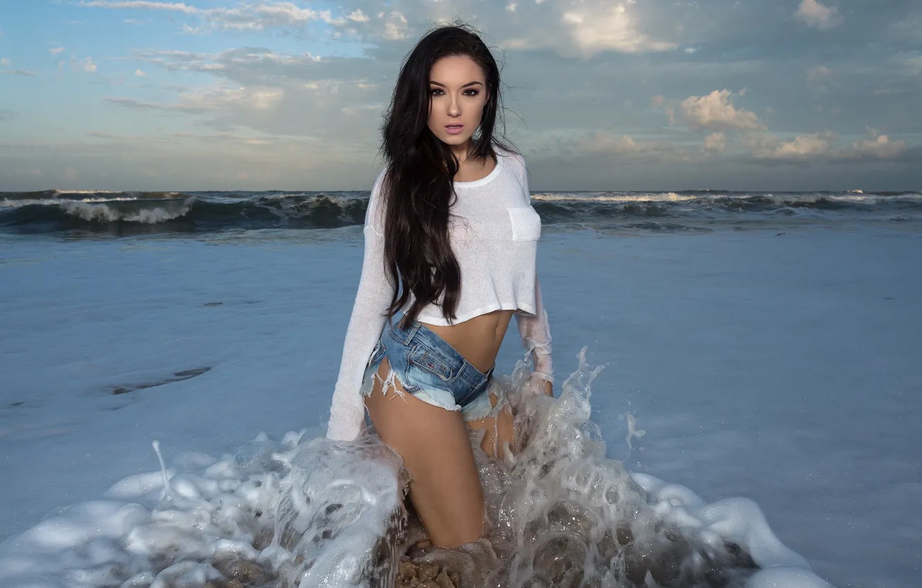 Photo wallpaper girl, wet, shorts, legs, sea, model, brunette, belly