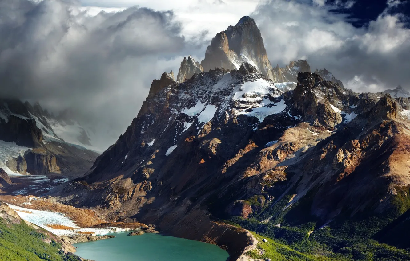 Photo wallpaper clouds, mountains, lake