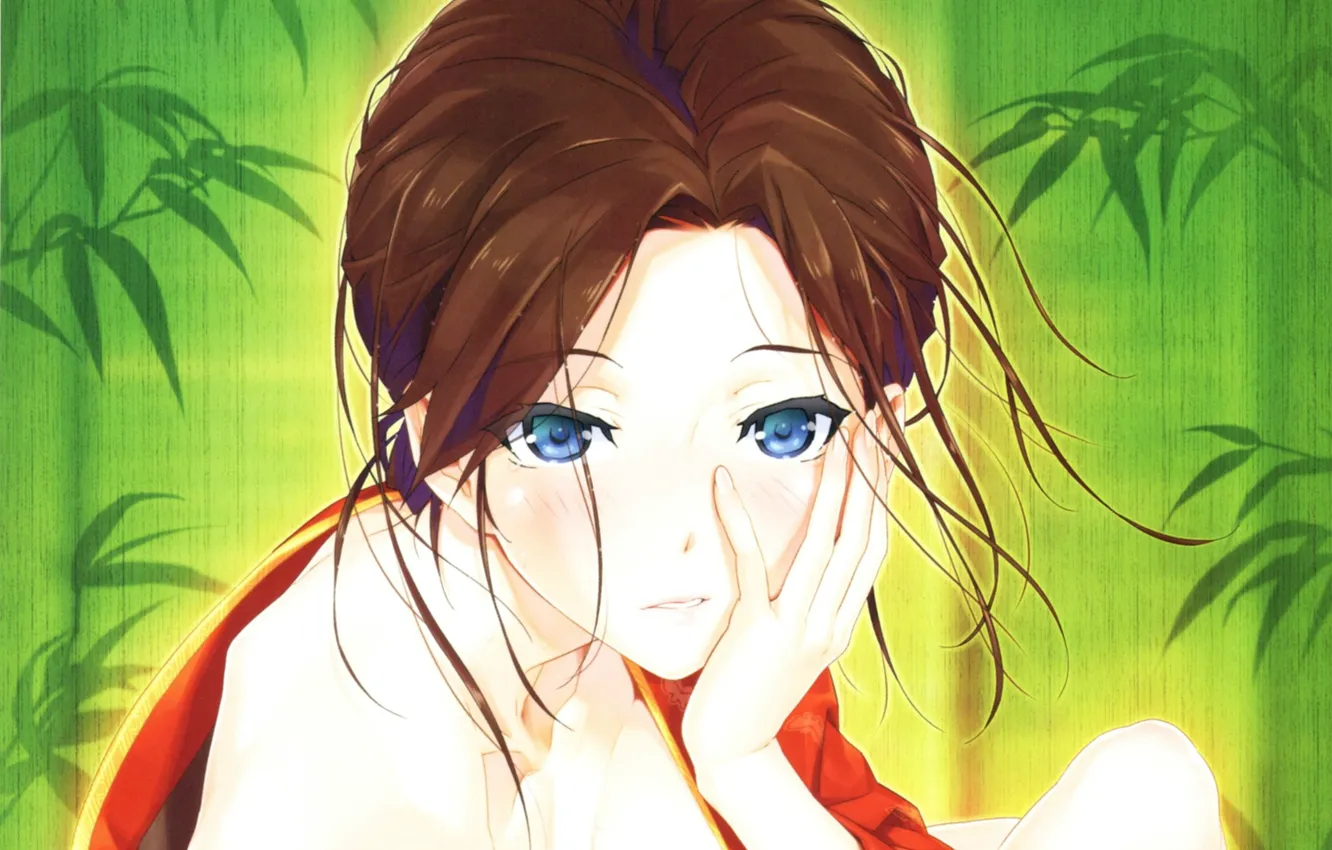 Photo wallpaper face, hand, bamboo, neckline, brown hair, kimono, blue eyes, shoulders