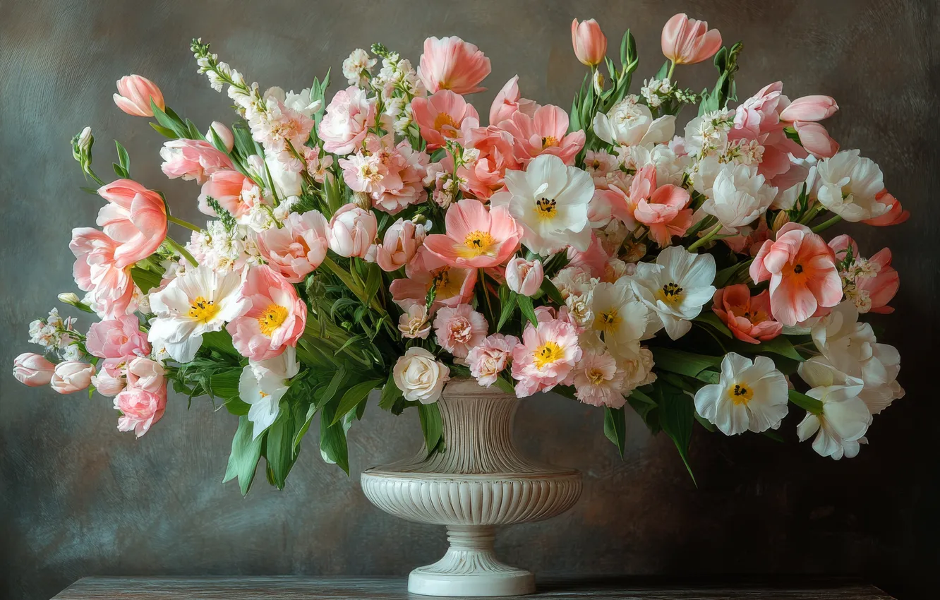 Photo wallpaper flowers, bouquet, tulips, vase, pink, white, grey background, different