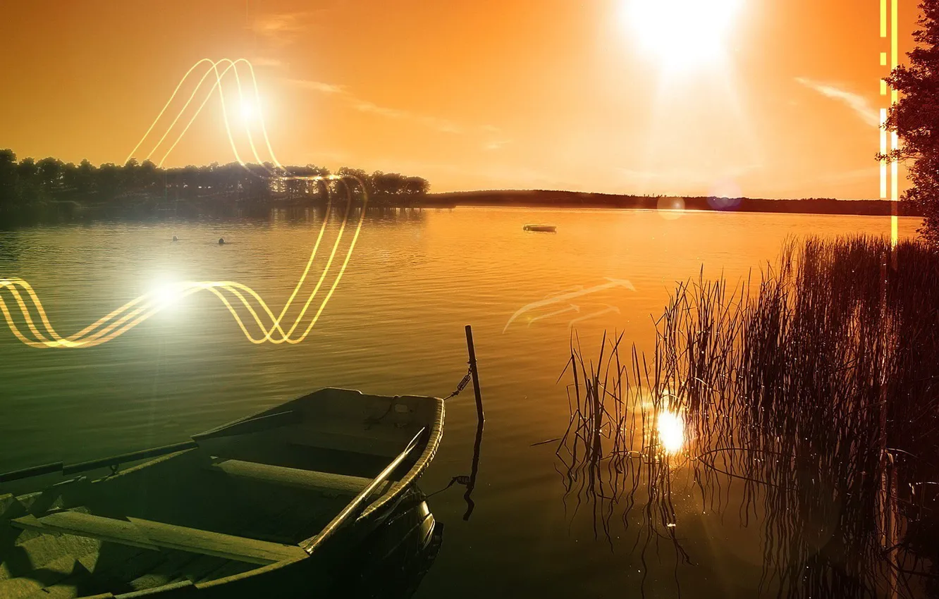 Photo wallpaper the sun, lake, boat