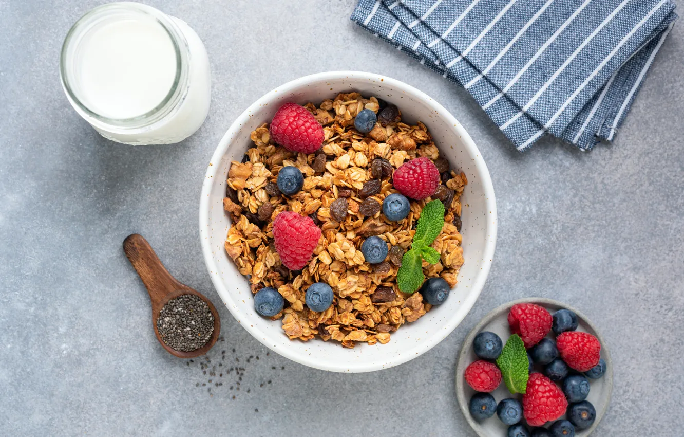 Photo wallpaper berries, Breakfast, bowl, muesli