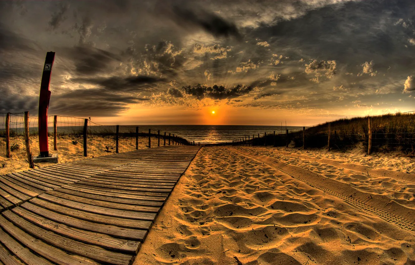 Photo wallpaper sand, sea, the sky, clouds, sunset, the fence, hdr, track