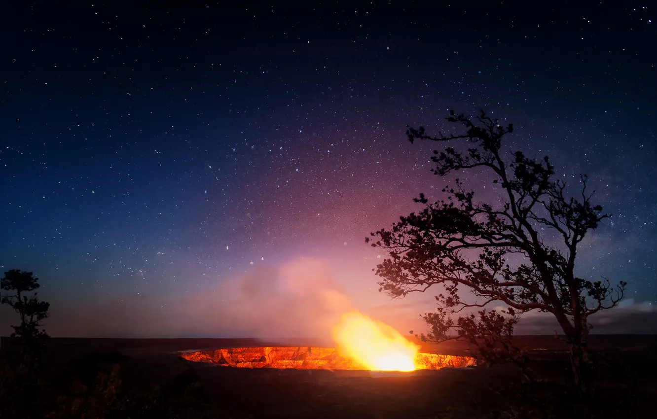 Photo wallpaper stars, trees, night, lights, flame, the volcano, Hawaii, the mouth