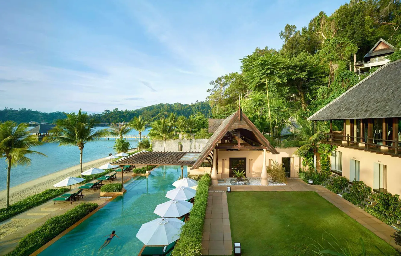 Photo wallpaper sea, palm trees, pool, the hotel, Borneo, Gaya Island Resort
