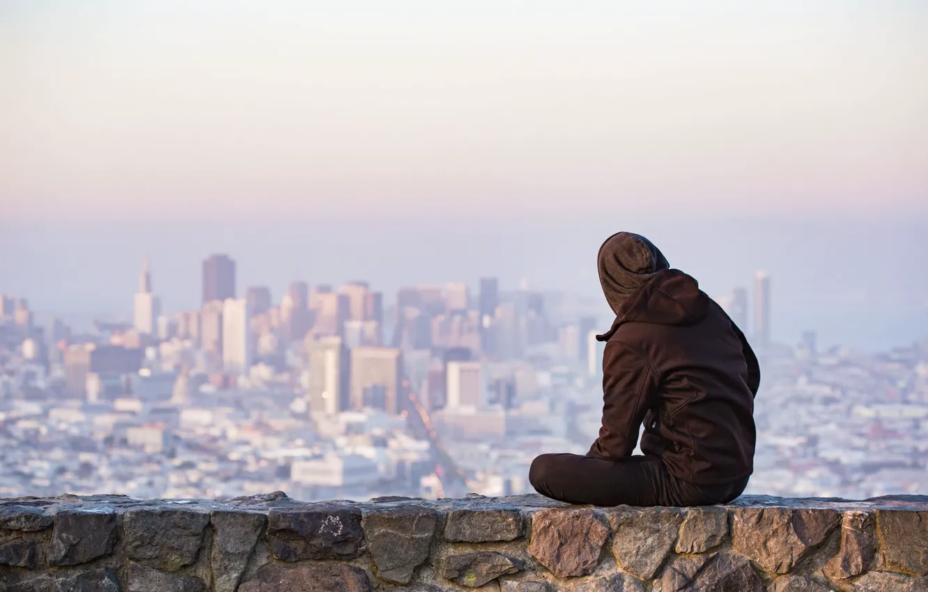 Photo wallpaper stones, view, hood, guy, sitting