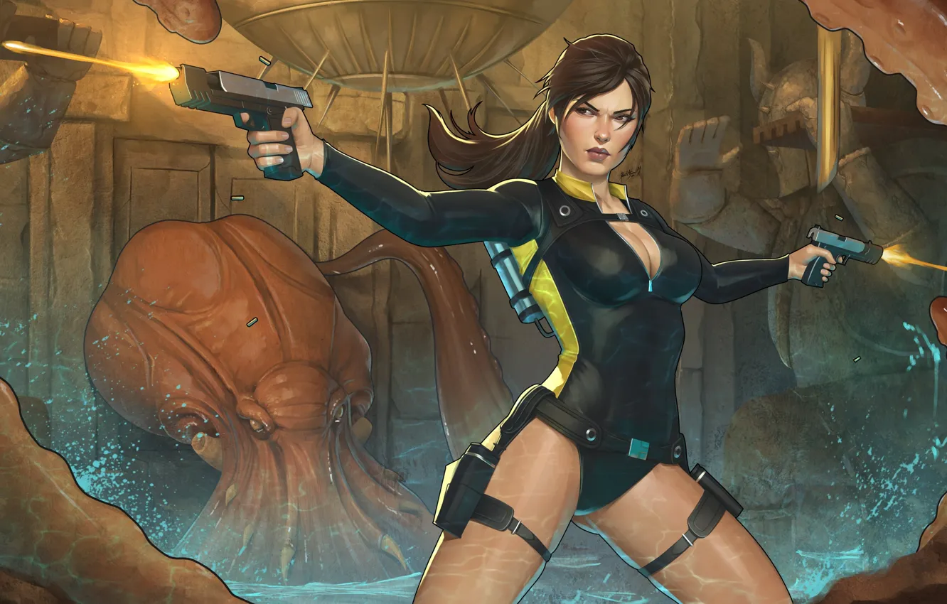Photo wallpaper girl, gun, weapons, shot, Tomb Raider, octopus, Lara Croft, Tomb raider