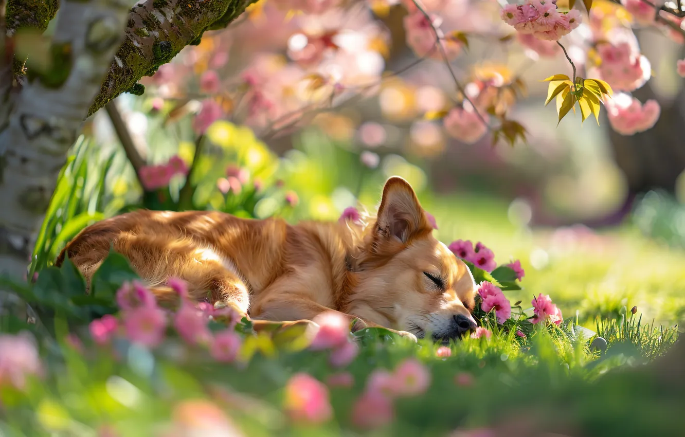 Photo wallpaper greens, light, trees, flowers, branches, nature, glare, glade