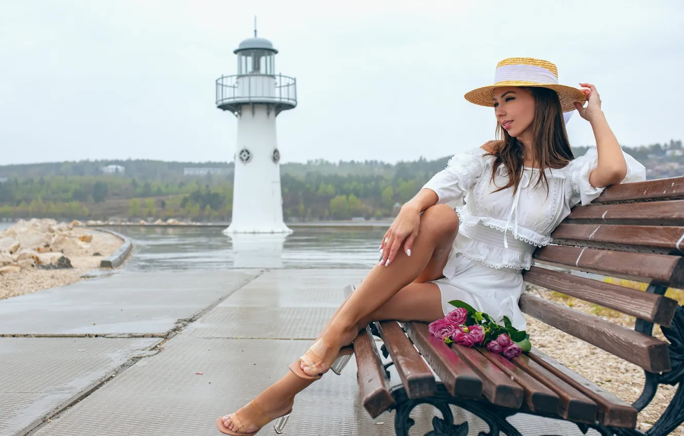 Photo wallpaper blouse, hat, flowers, beautiful, model, women, brunette, bench
