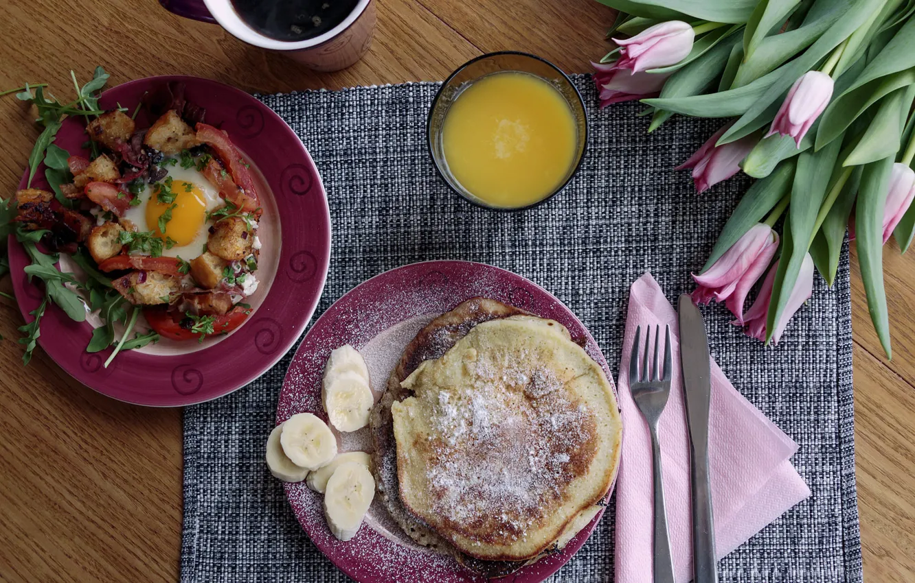 Photo wallpaper flowers, Breakfast, juice, tulips, scrambled eggs, pancakes