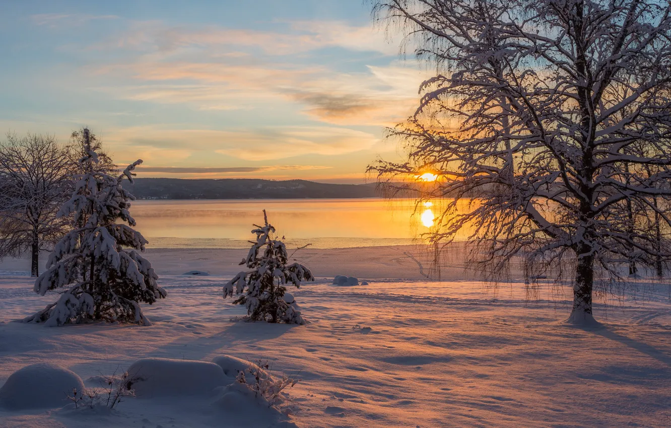 Photo wallpaper winter, frost, the sun, clouds, snow, sunset, nature, river