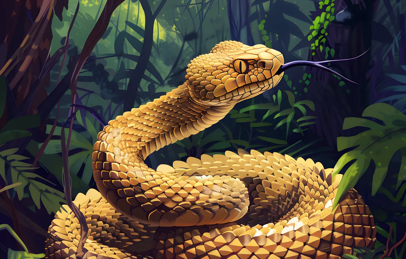Photo wallpaper Snake, Trees, Jungle, Art, Reptile, Animal, Digital art, AI art