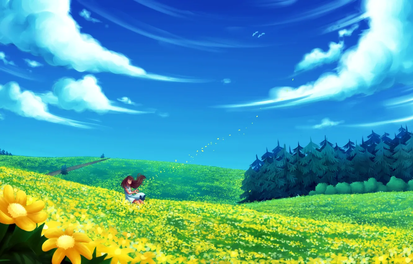 Photo wallpaper field, forest, summer, girl, clouds, flowers, the wind, art