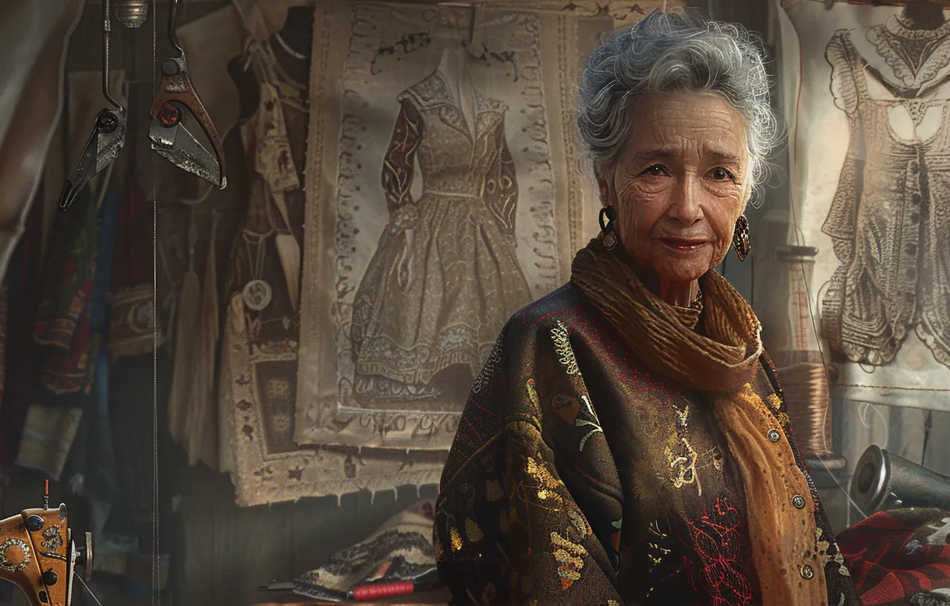 Photo wallpaper look, table, grandma, sketch, designer, seamstress, digital art, fashion designer
