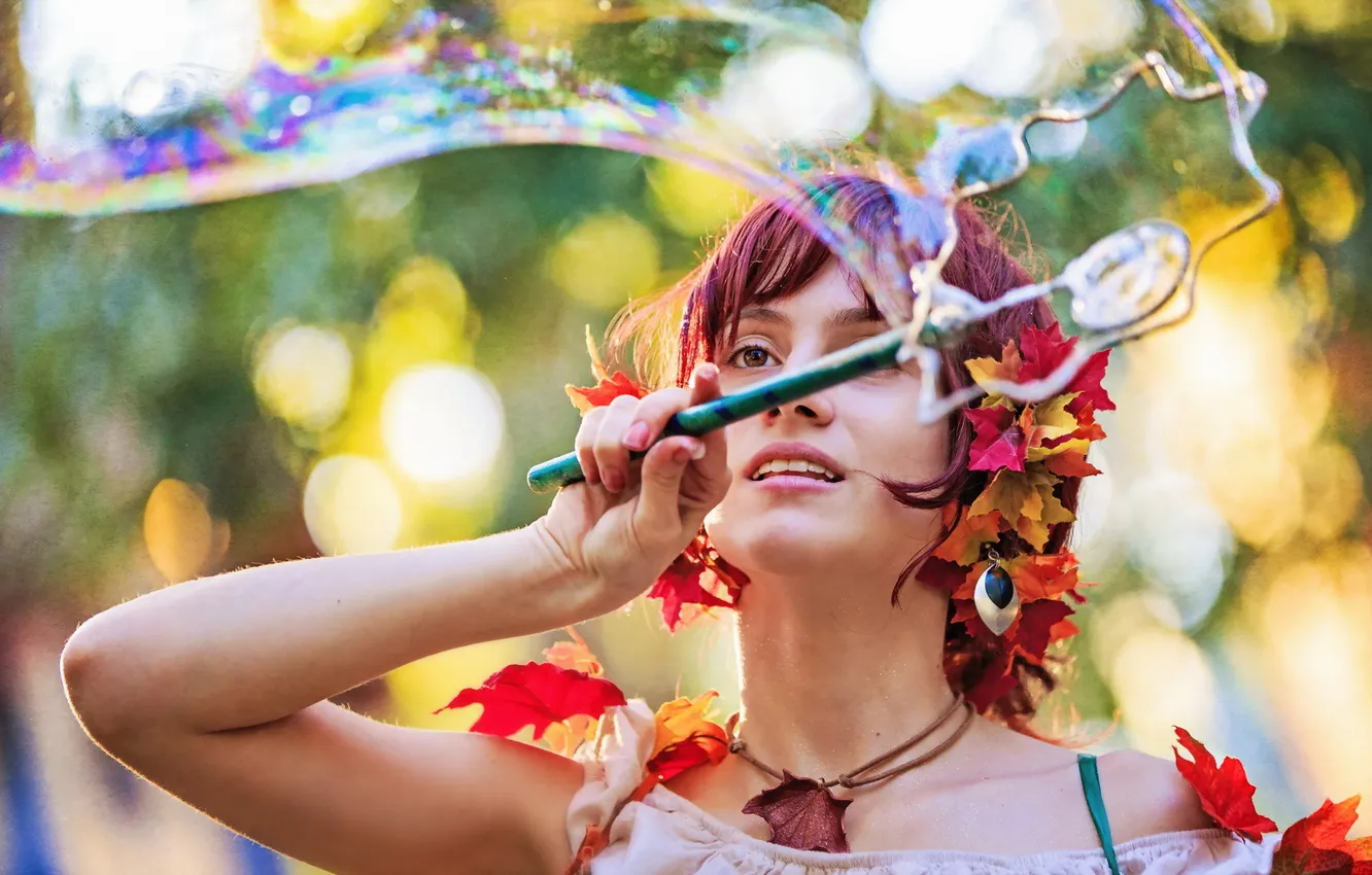 Photo wallpaper girl, background, bubble