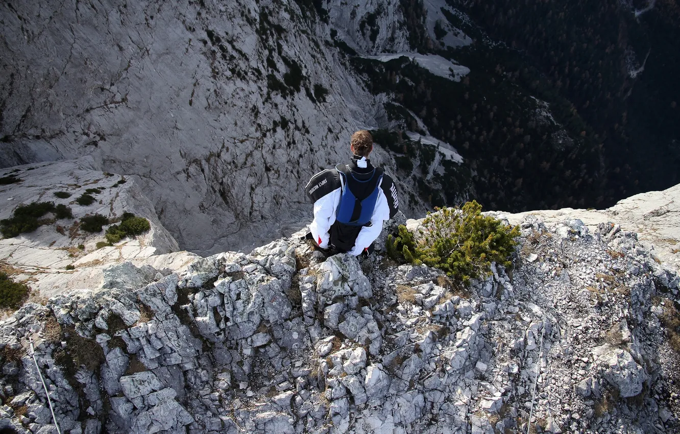 Photo wallpaper mountains, rocks, parachute, container, pilot, extreme sports, wingsuit, base jumping