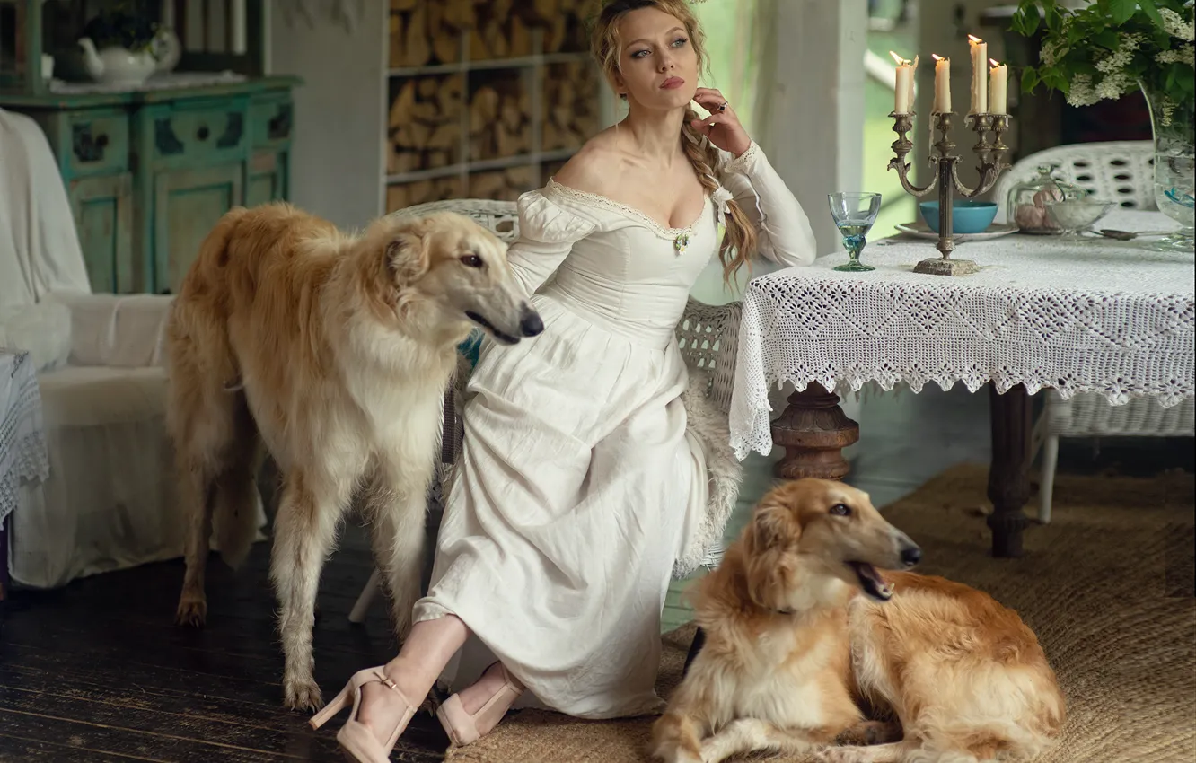Photo wallpaper dogs, candles, dress, blonde, braid, Yanina Ermakova