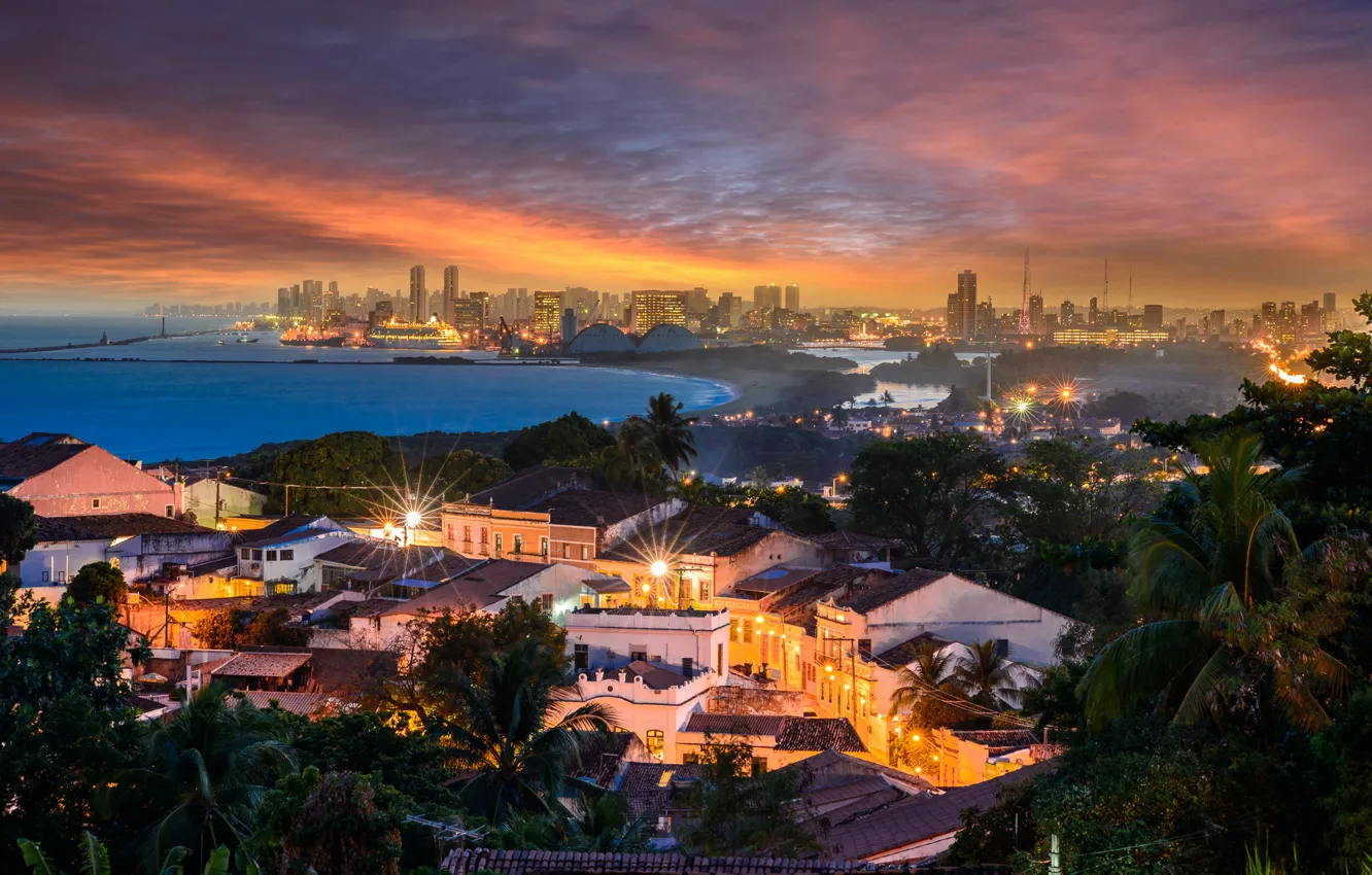 Photo wallpaper sea, sunset, bridge, lake, port, Brazil, Recife, Olinda