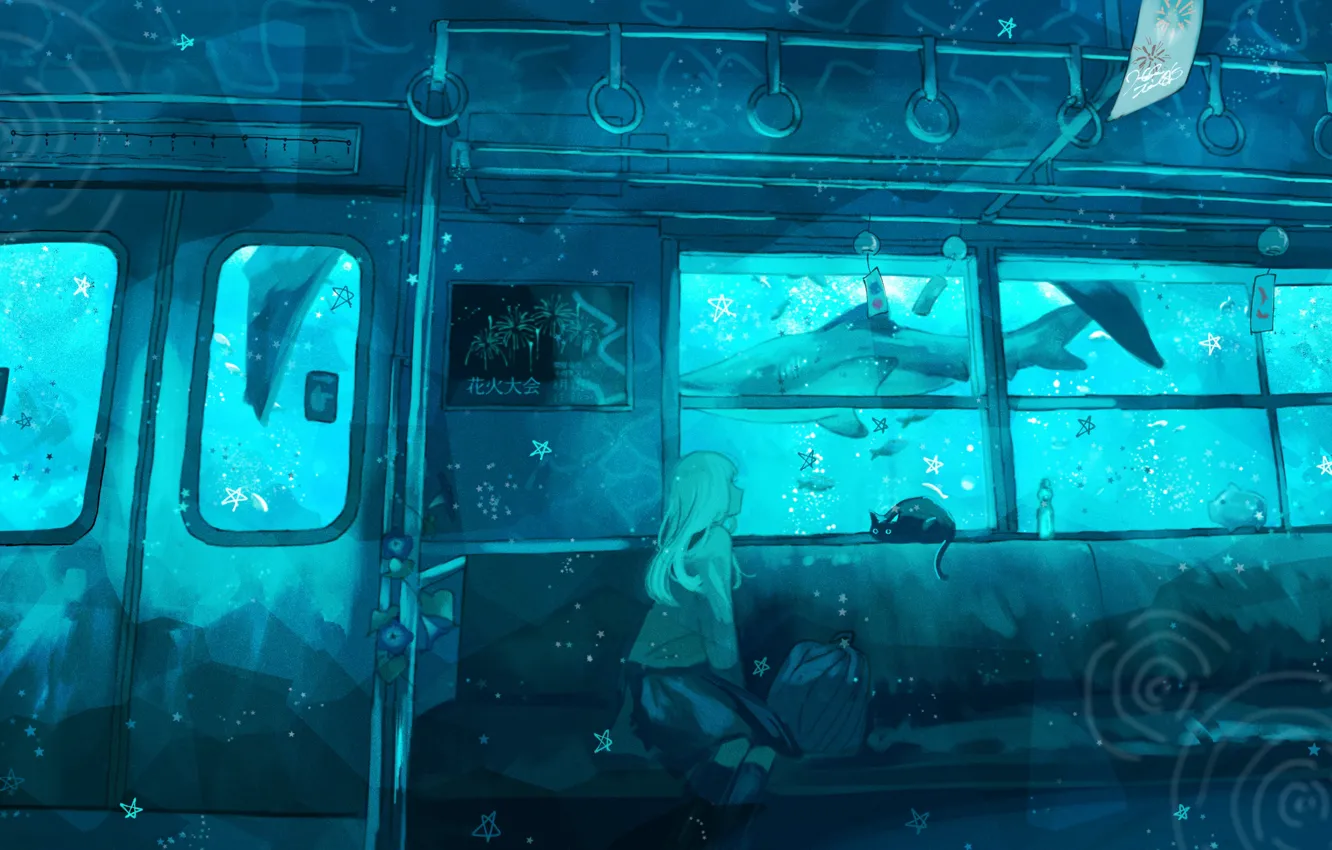 Photo wallpaper cat, girl, train, fantasy, under water