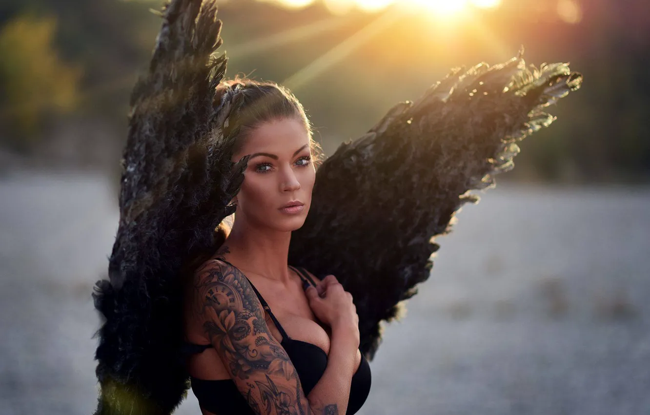 Photo wallpaper chest, look, girl, hand, wings, tattoo, bokeh