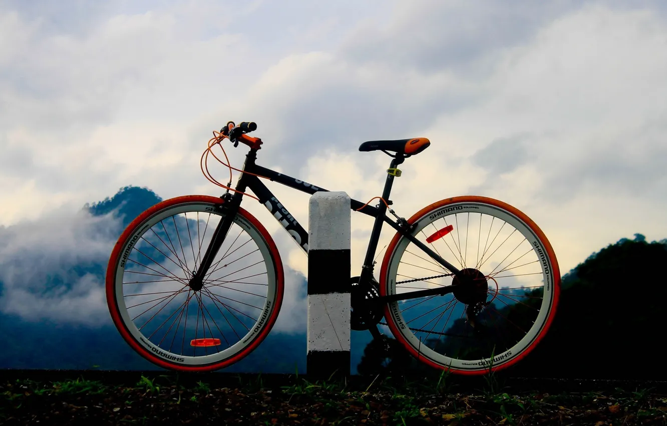 Photo wallpaper ROAD, FOREST, NATURE, MOUNTAINS, The SKY, MOVEMENT, CLOUDS, BIKE