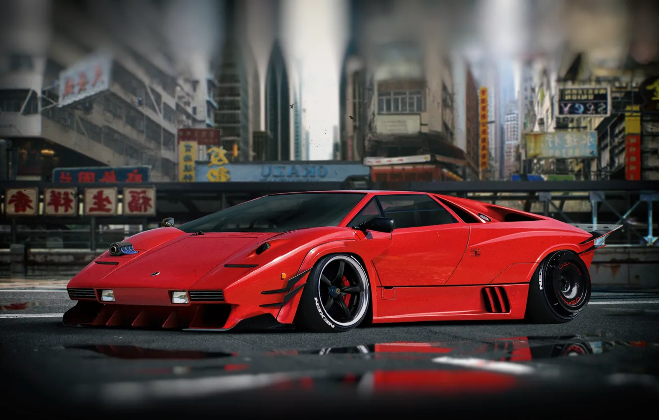 Photo wallpaper Red, Auto, The city, Lamborghini, Machine, Style, Asia, Supercar