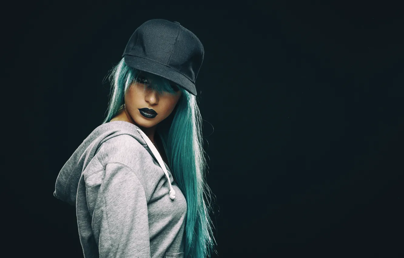 Photo wallpaper hat, female, make up, blue hair