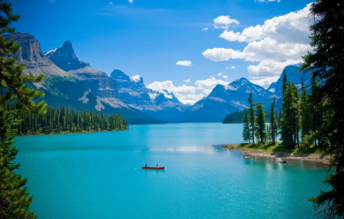 Photo wallpaper forest, trees, landscape, mountains, lake, boat, Canada