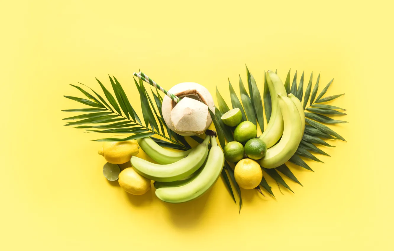 Photo wallpaper leaves, background, lemon, coconut, bananas