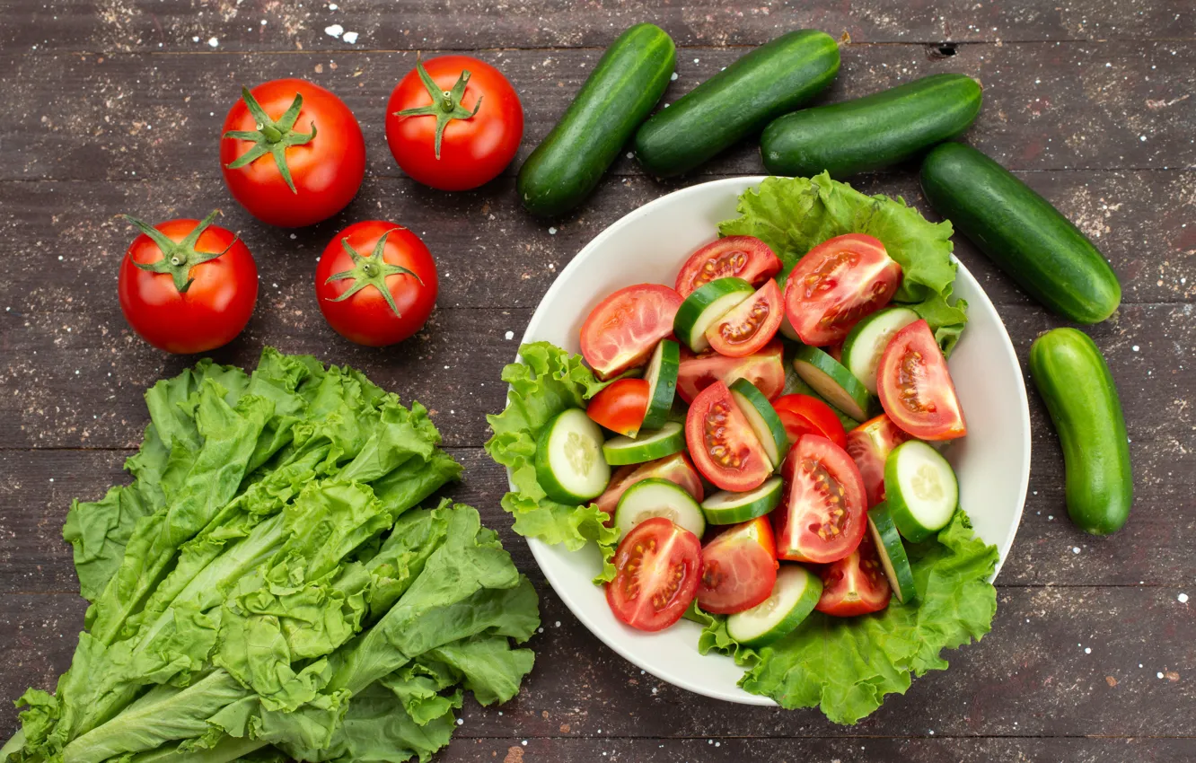 Photo wallpaper greens, Board, bowl, vegetables, tomatoes, slices, fresh, cucumbers