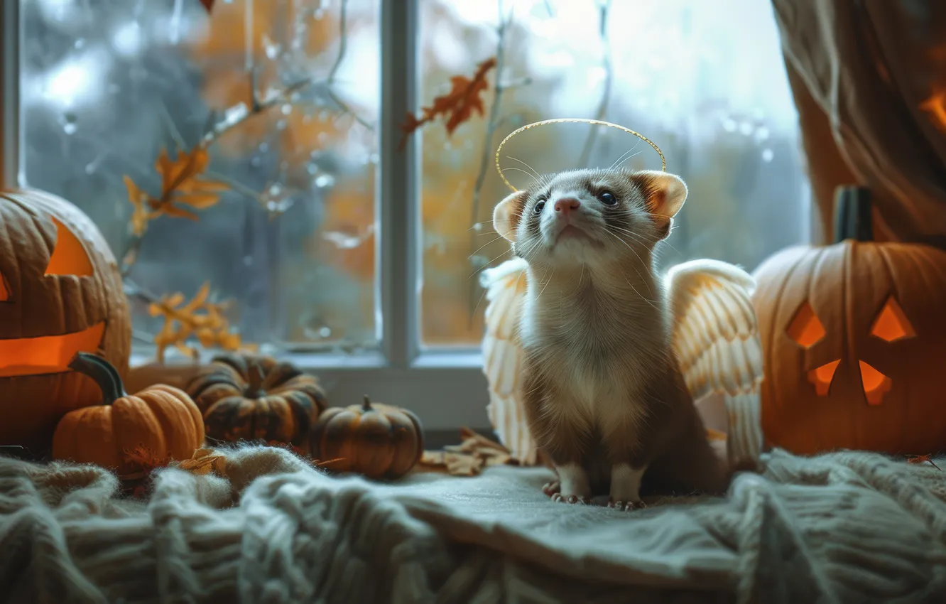 Photo wallpaper Halloween, neural network, look, holiday, AI art, ferret, autumn, the scenery