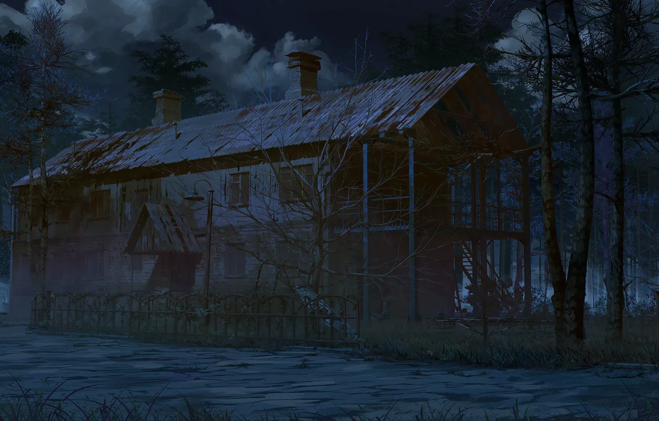 Photo wallpaper forest, night, house, pipe, Scary house