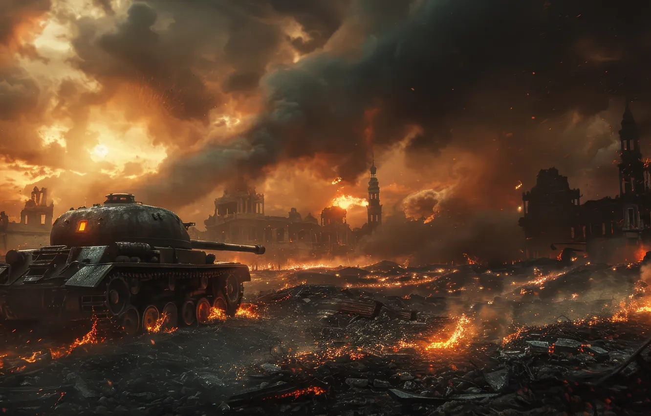 Photo wallpaper lights, smoke, building, home, tank, devastation, digital art, AI art