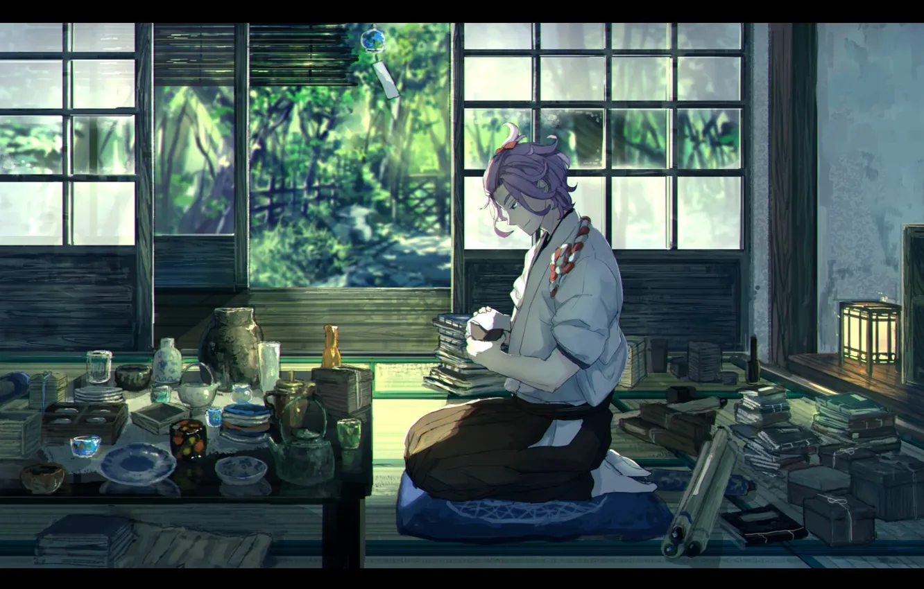Photo wallpaper books, cleaning, dishes, Japanese clothing, in the room, Touken Ranbu, sitting on my lap, Kanesa …