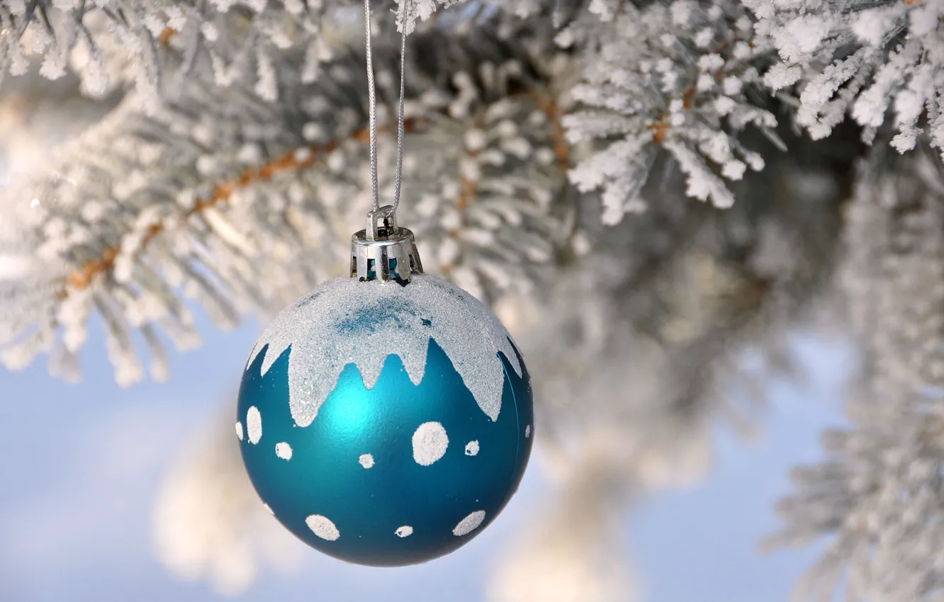 Photo wallpaper snow, tree, new year, Christmas, branch, ball, decoration