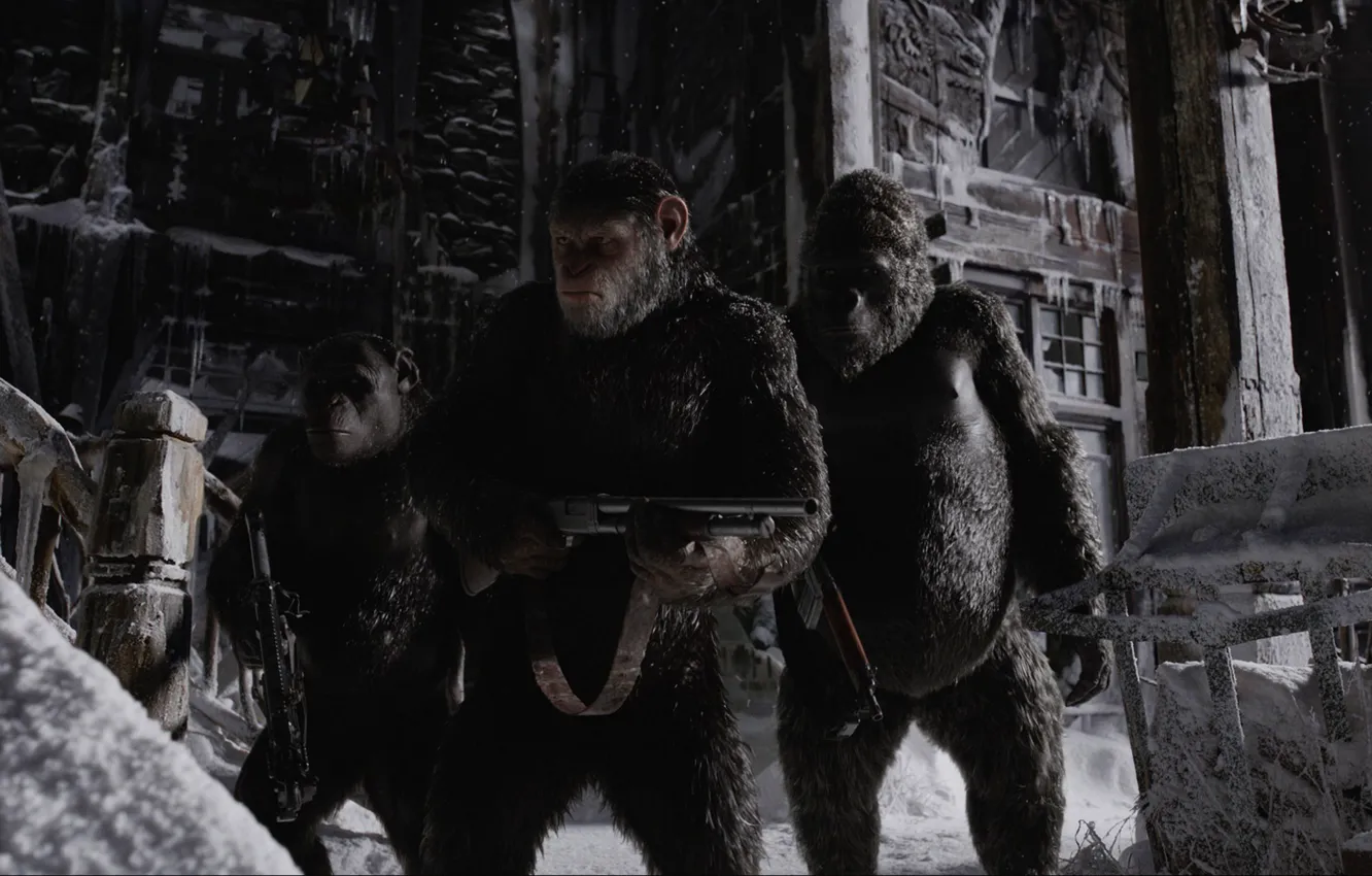 Photo wallpaper cinema, gun, monkey, weapon, snow, movie, shotgun, film