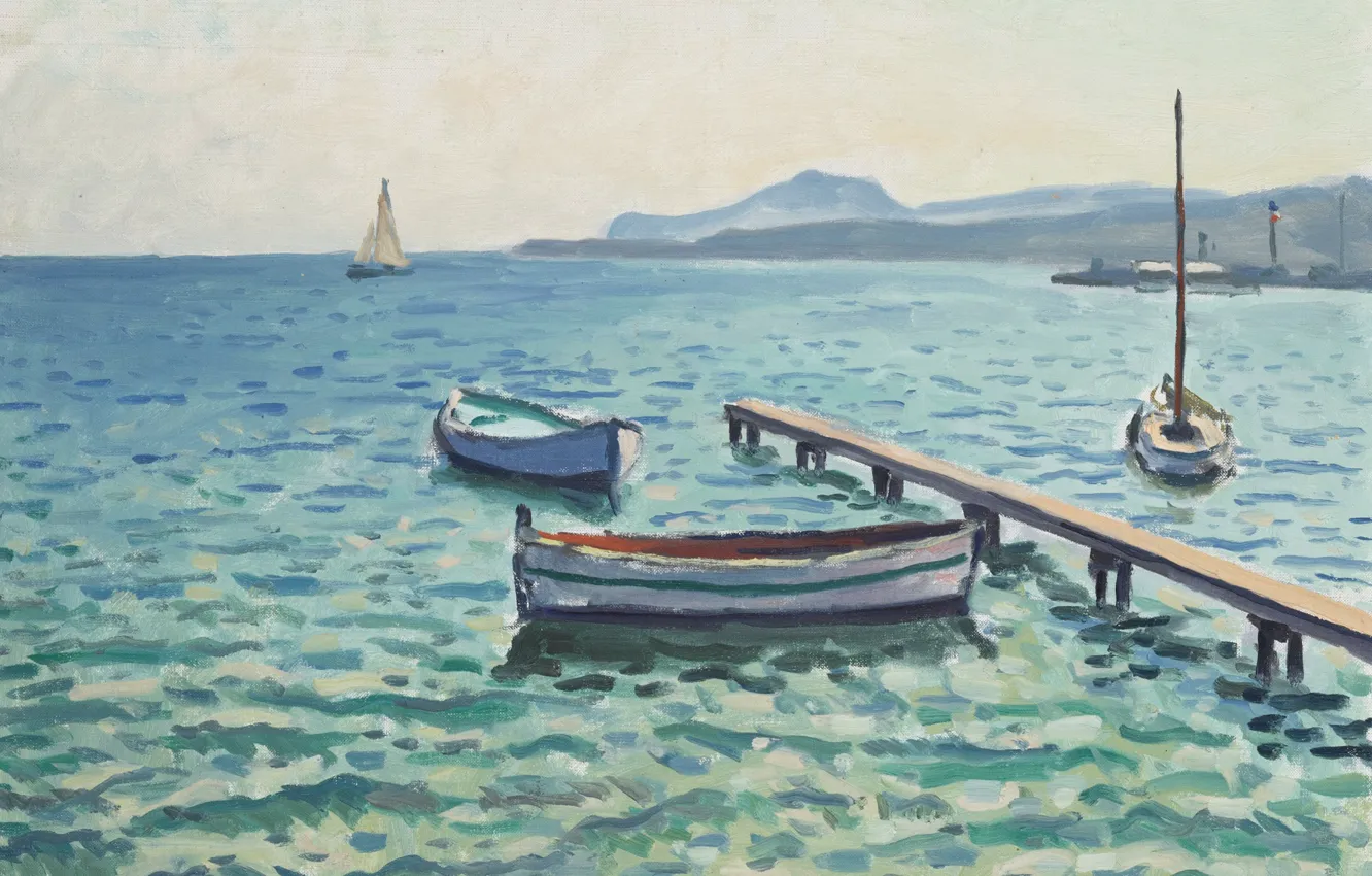 Photo wallpaper sea, boat, picture, pier, Albert Marquet, Albert Marquet, The breeze on the Island of Porquerolles