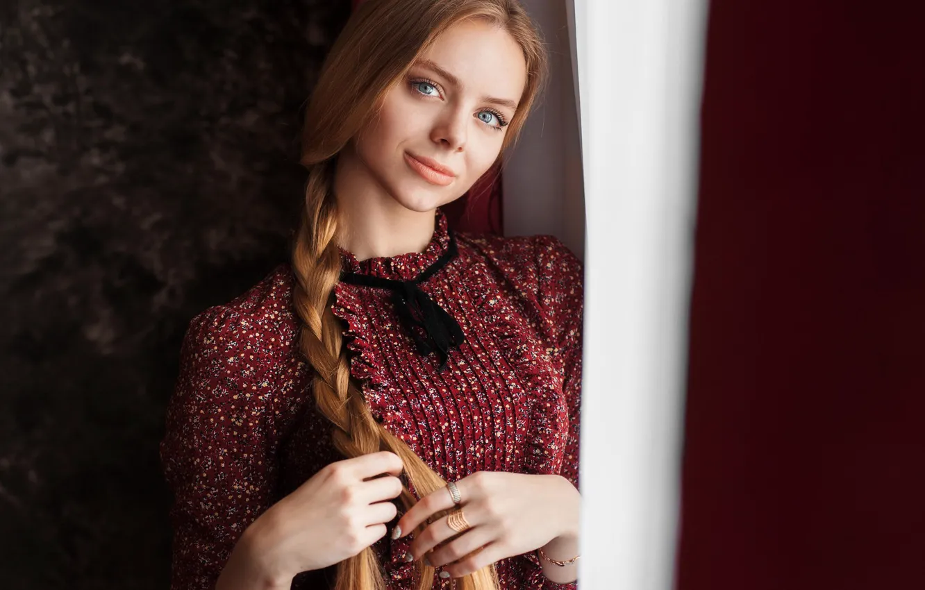 Photo wallpaper look, girl, pose, smile, hair, braid, Alexey Gilev