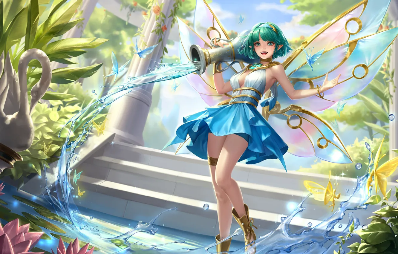 Photo wallpaper fairy, pitcher, elf, arena, beautiful girl, online, short skirt, a jet of water