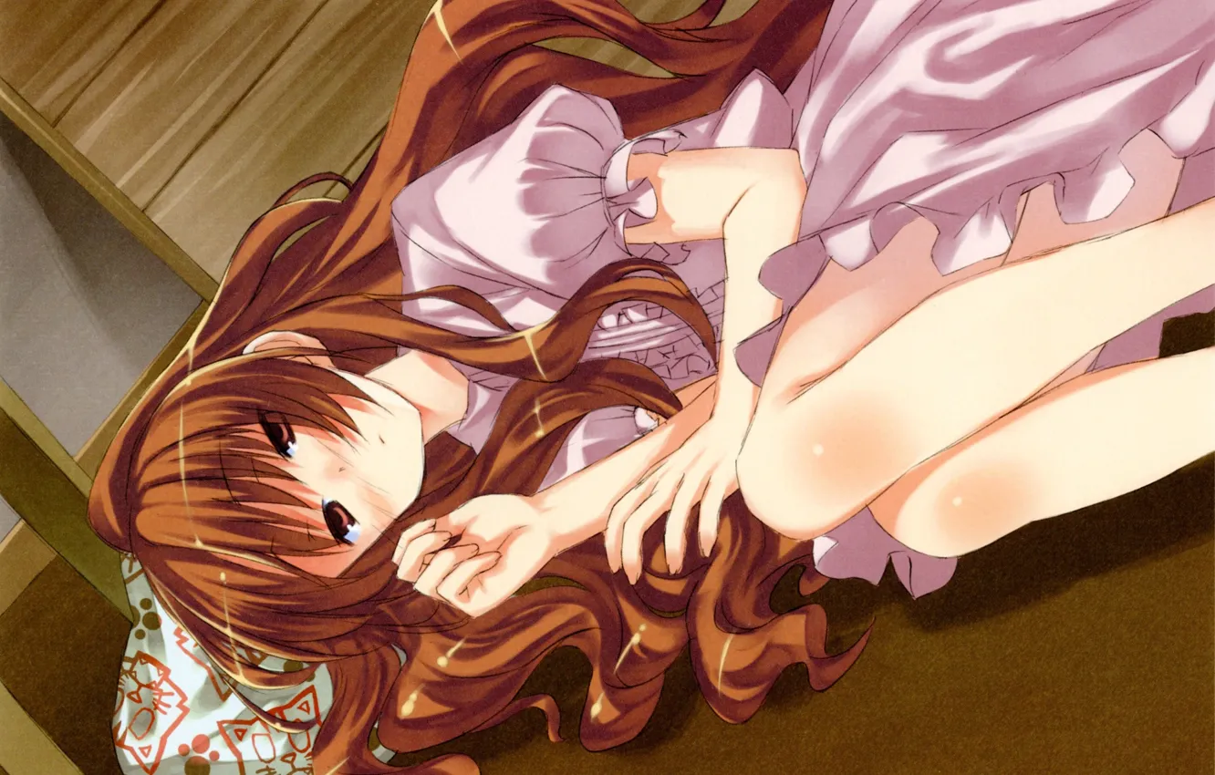 Photo wallpaper red, long hair, knees, ruffles, Aisaka Taiga, Toradora!, lying on the floor, sleepy
