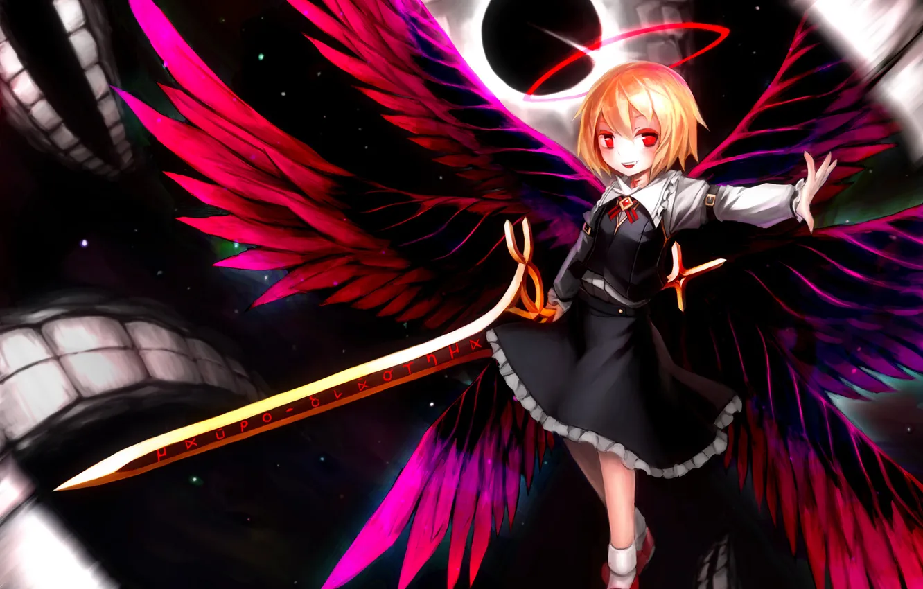 Photo wallpaper girl, smile, weapons, magic, wings, sword, gesture, touhou