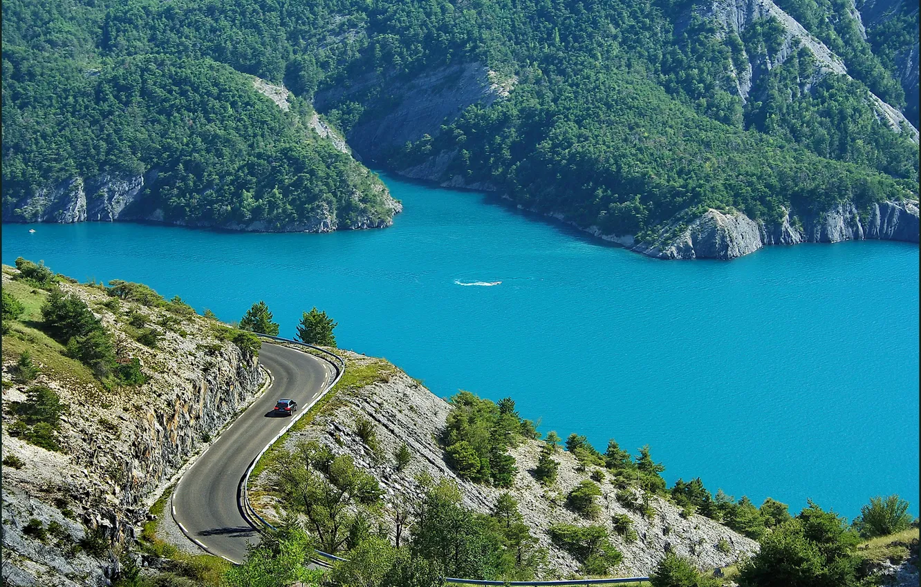 Photo wallpaper road, trees, rocks, shore, France, highway