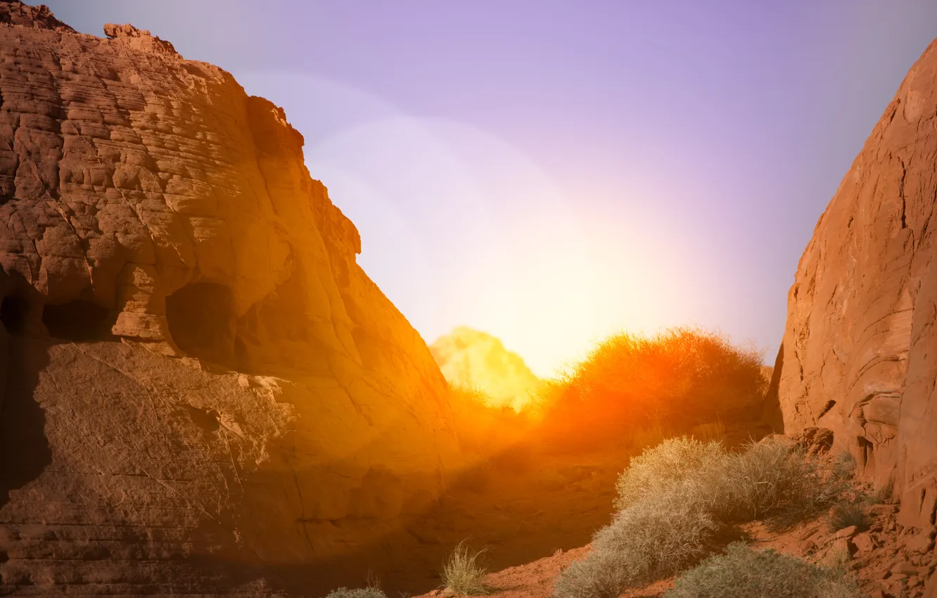 Photo wallpaper mountains, glare, lights, rocks, dawn