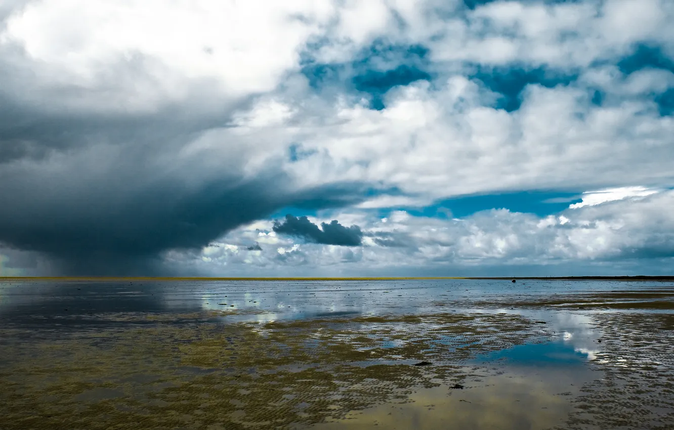 Photo wallpaper the sky, clouds, Bay, Iceland, shallow water