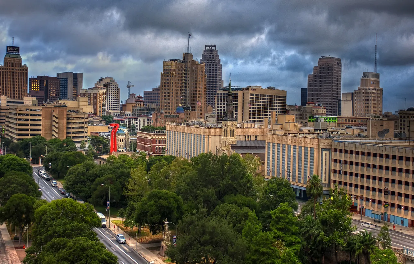 Photo wallpaper USA, Downtown, clouds, Texas, Texas, San Antonio, San Antonio