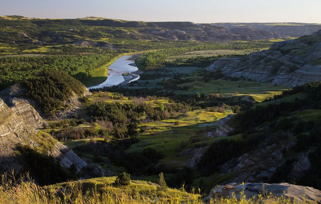 Photo wallpaper mountains, river, valley, USA, Theodore Roosevelt National Park