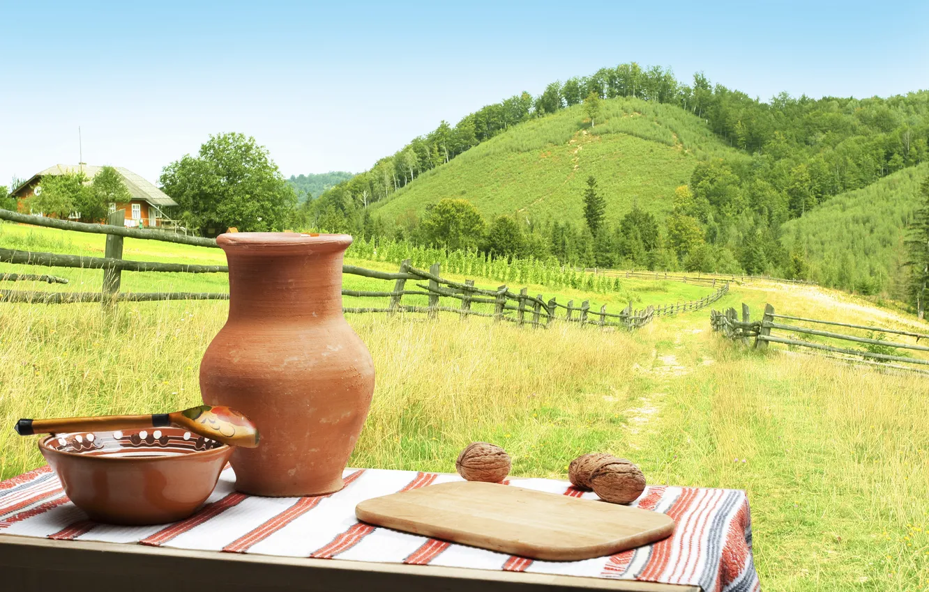 Photo wallpaper road, grass, landscape, table, hills, fence, plate, spoon